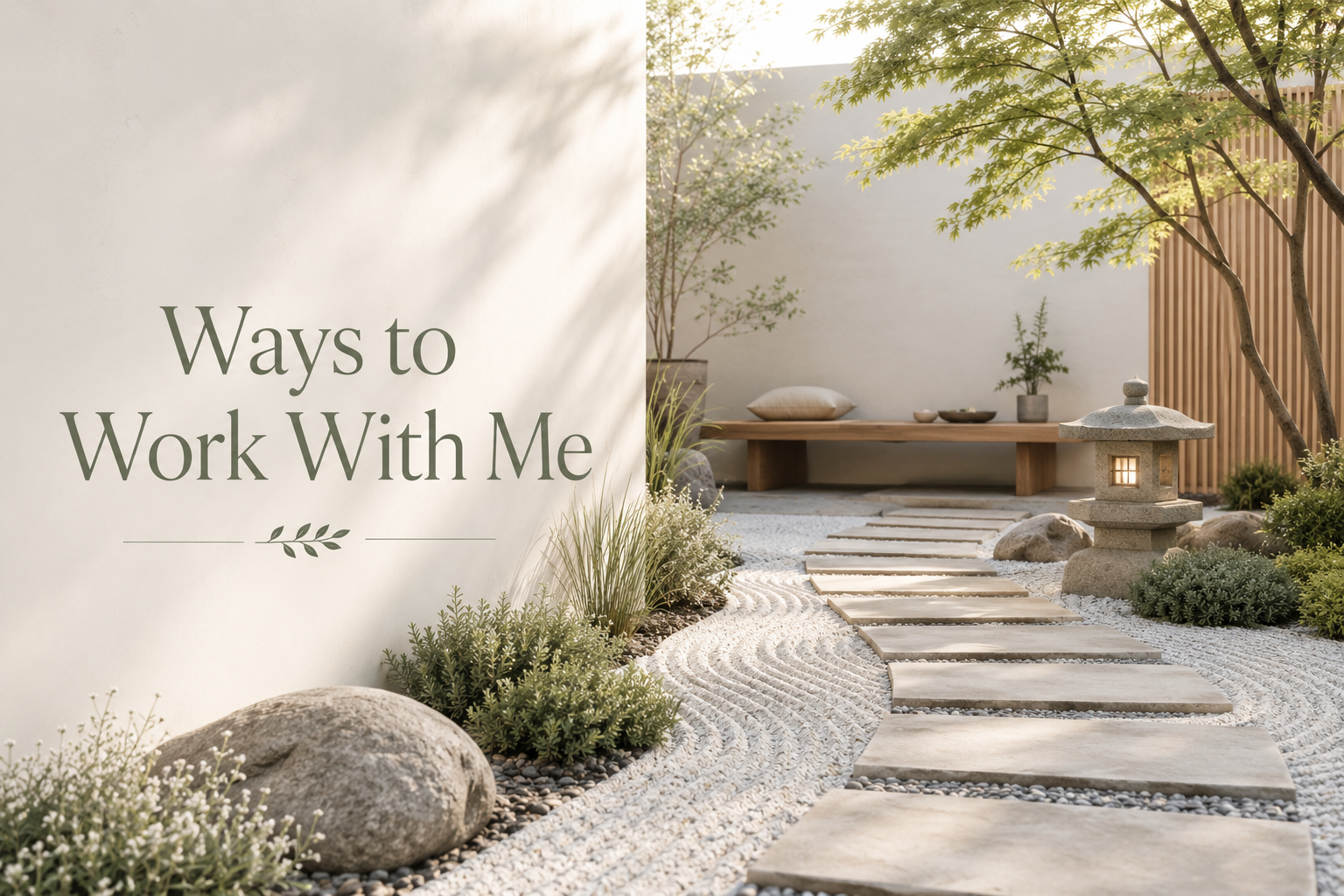 Garden with stepping stones, rocks, plants, tree, a bench with pillows, and a small stone lantern, with text 'Ways to Work With Me' on the left side.