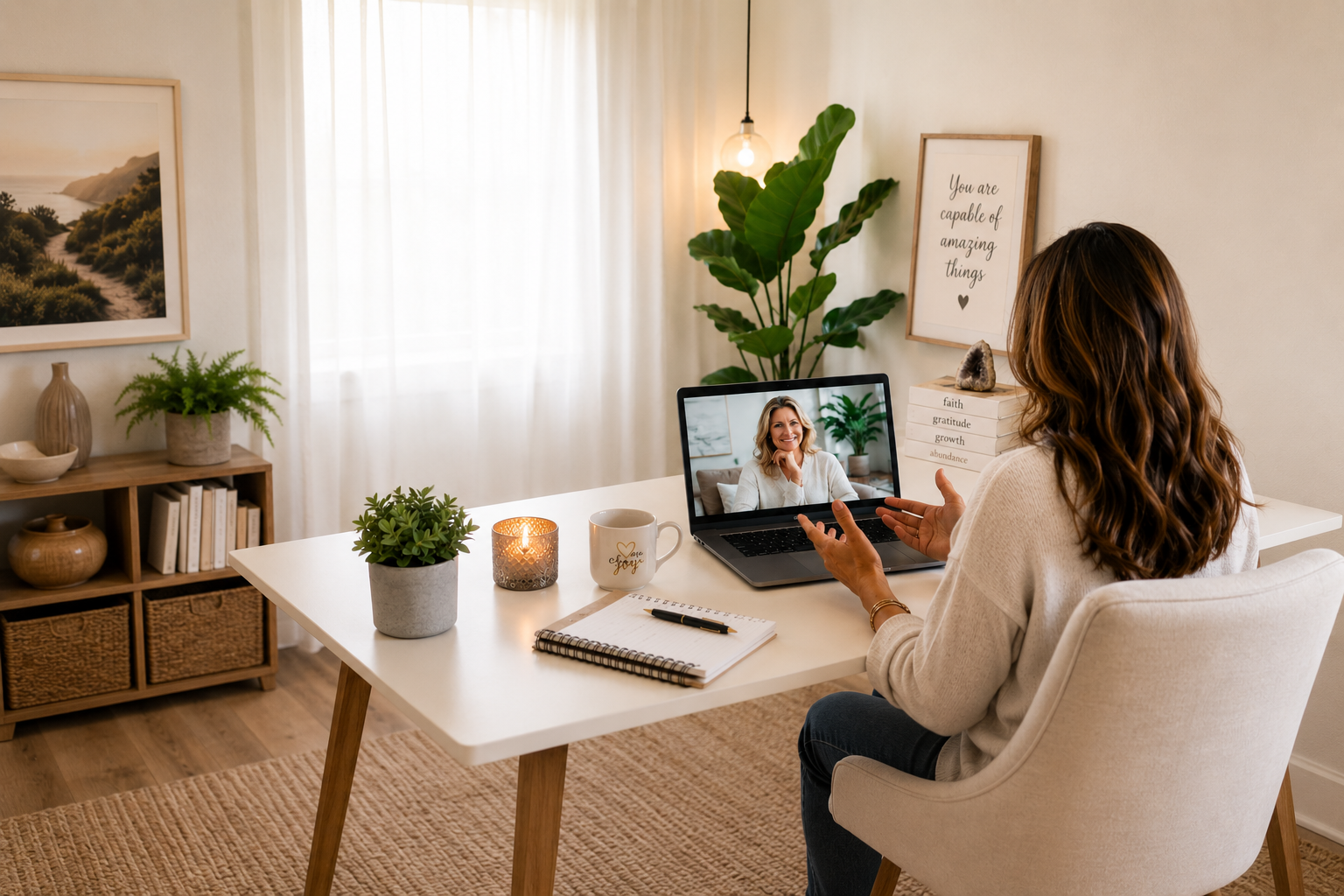 Woman on video call sitting at a white desk in a cozy, well-decorated room with plants, candles, and framed art