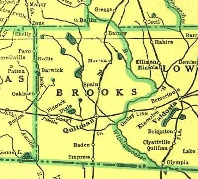 Map of Brooks County, Georgia, showing towns, roads, railroads, and bodies of water.