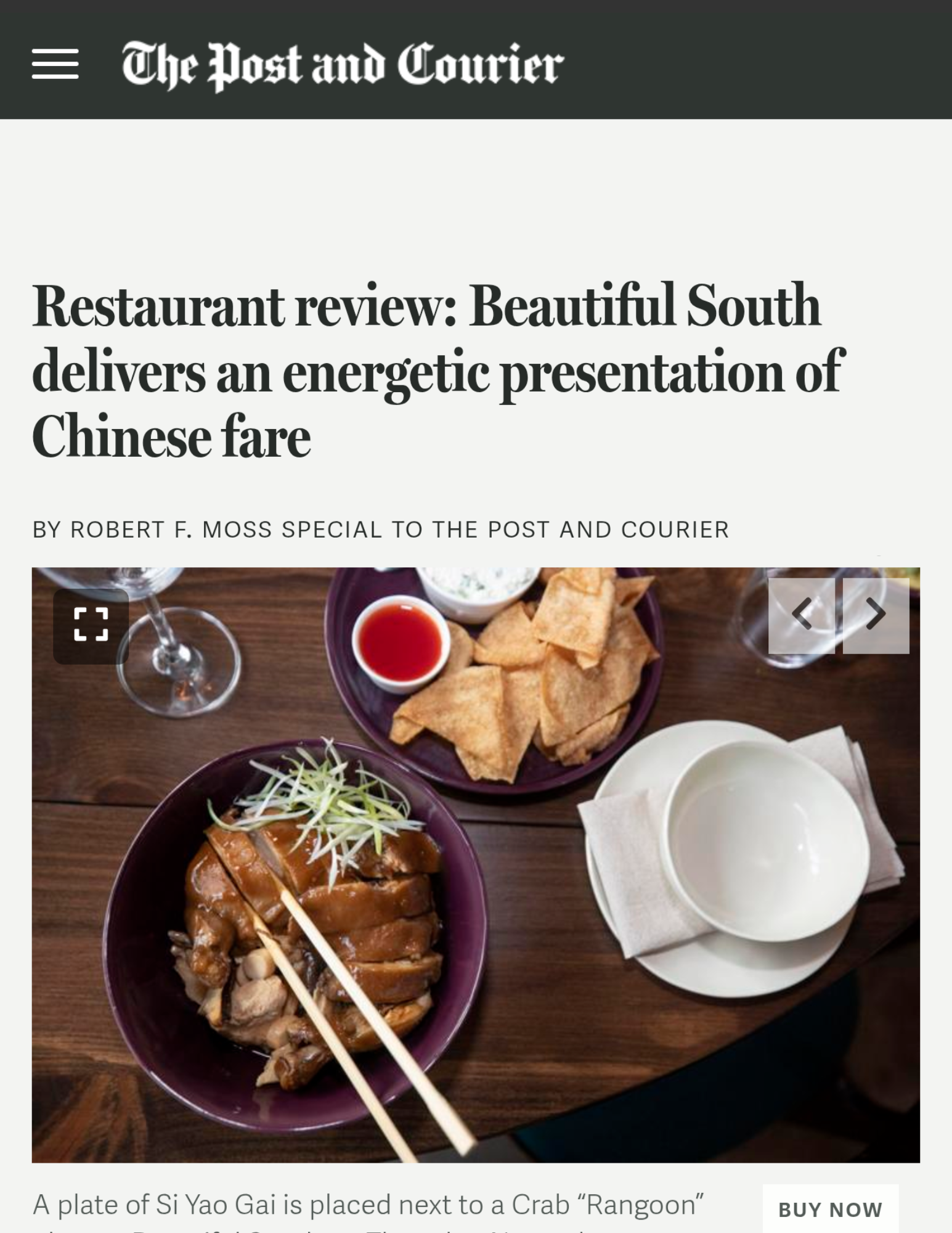 Post & Courier Review of at Beautiful South by Kwei Fei in downtown Charleston, South Carolina