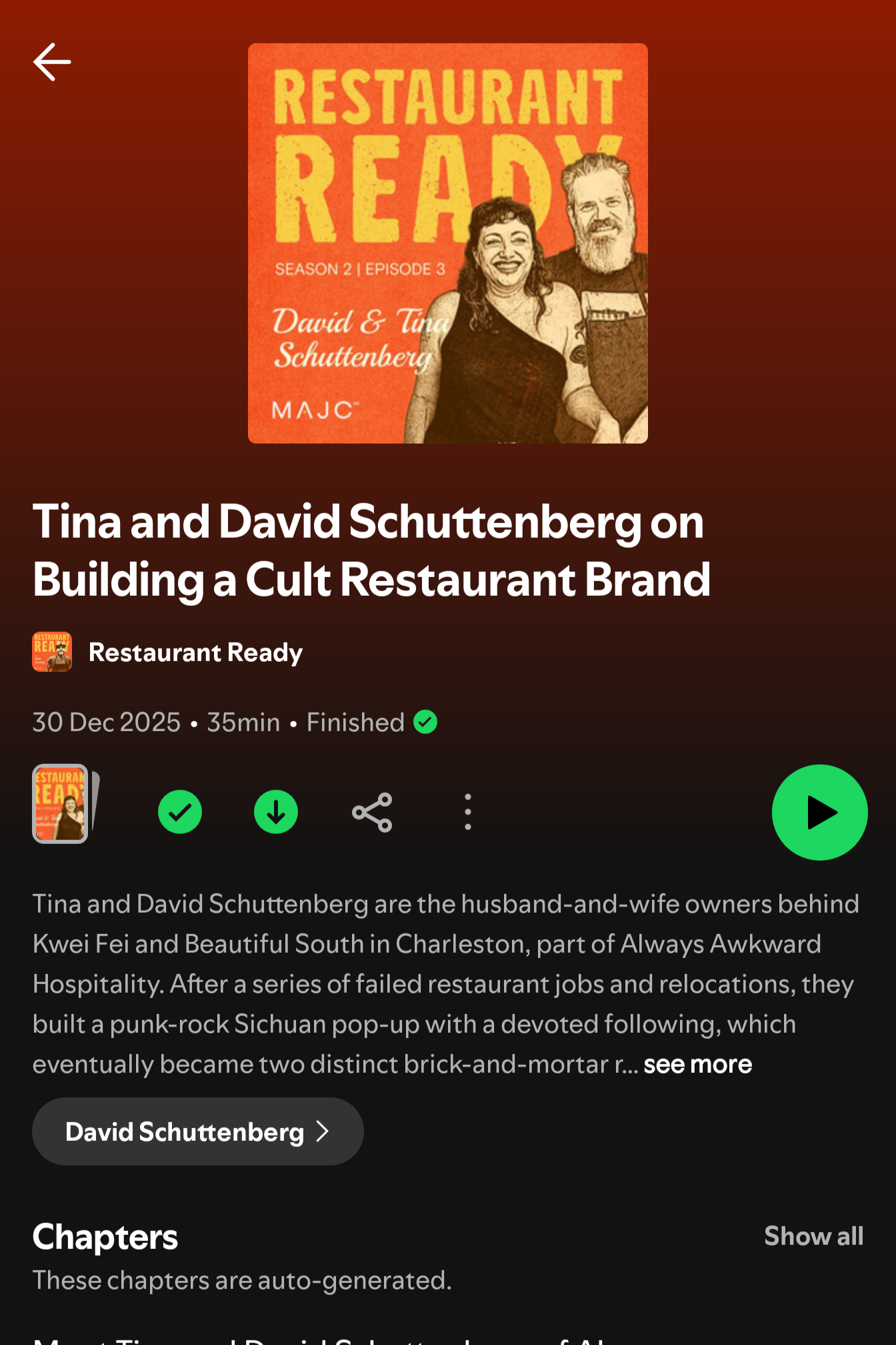Podcast cover art for 'Restaurant Ready' featuring illustrated photos of Tina and David Schuttenberg, with text indicating season 2, episode 3.  owners of Always Awkward Hospitality in Charleston, South Carolina. Beautiful South Cantonese in downtown