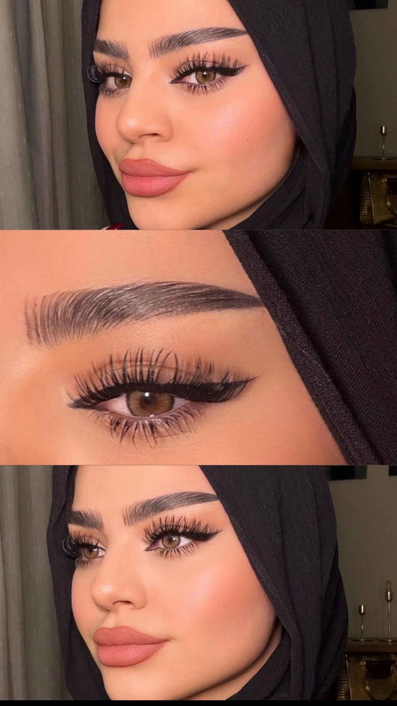 Close-up of a woman's face with makeup, including winged eyeliner, long eyelashes, defined eyebrows, contoured cheeks, and nude lipstick. She is wearing a black headscarf and looking slightly to the side.