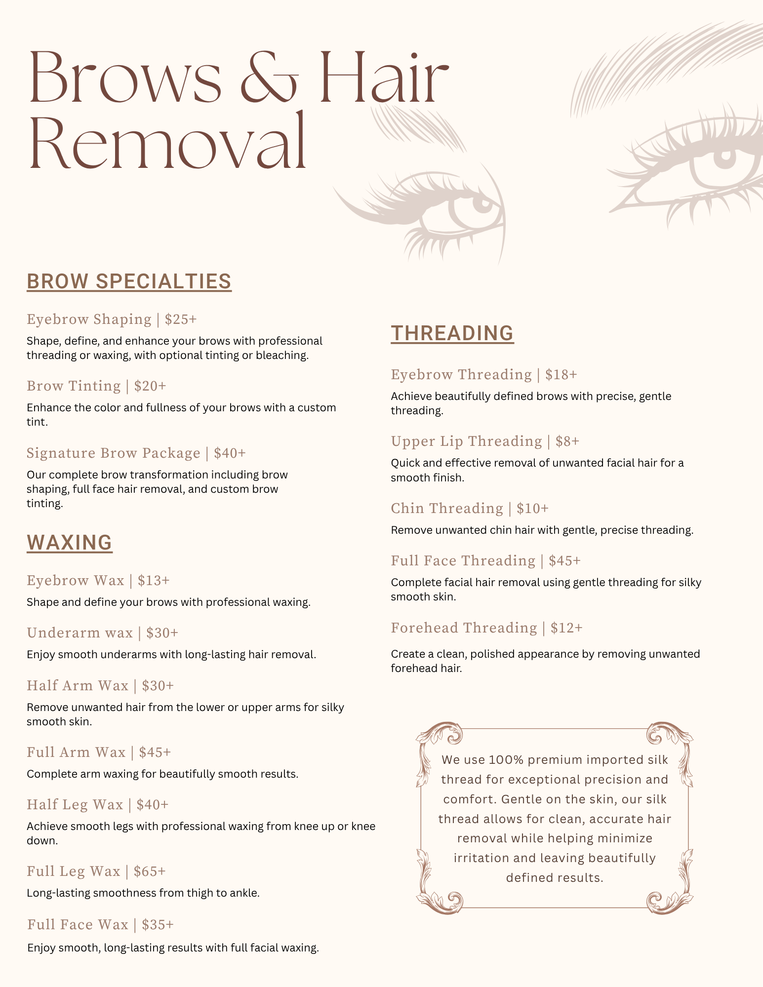 A menu for a salon offers brow and hair removal services, including eyebrow shaping, tinting, waxing, threading, and full face waxing, with prices ranging from around $8 to over $65.