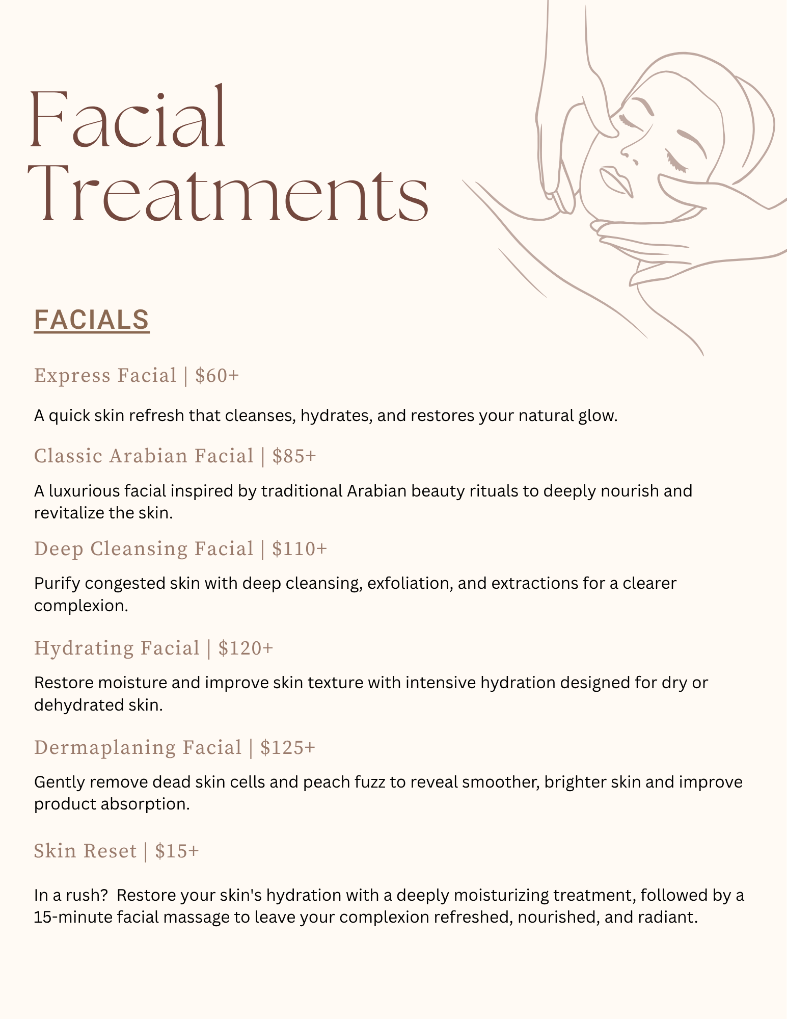 A list of facial treatments offered at a spa, including express, classic Arabian, deep cleansing, dermaplaning, and skin reset, with descriptions and prices.
