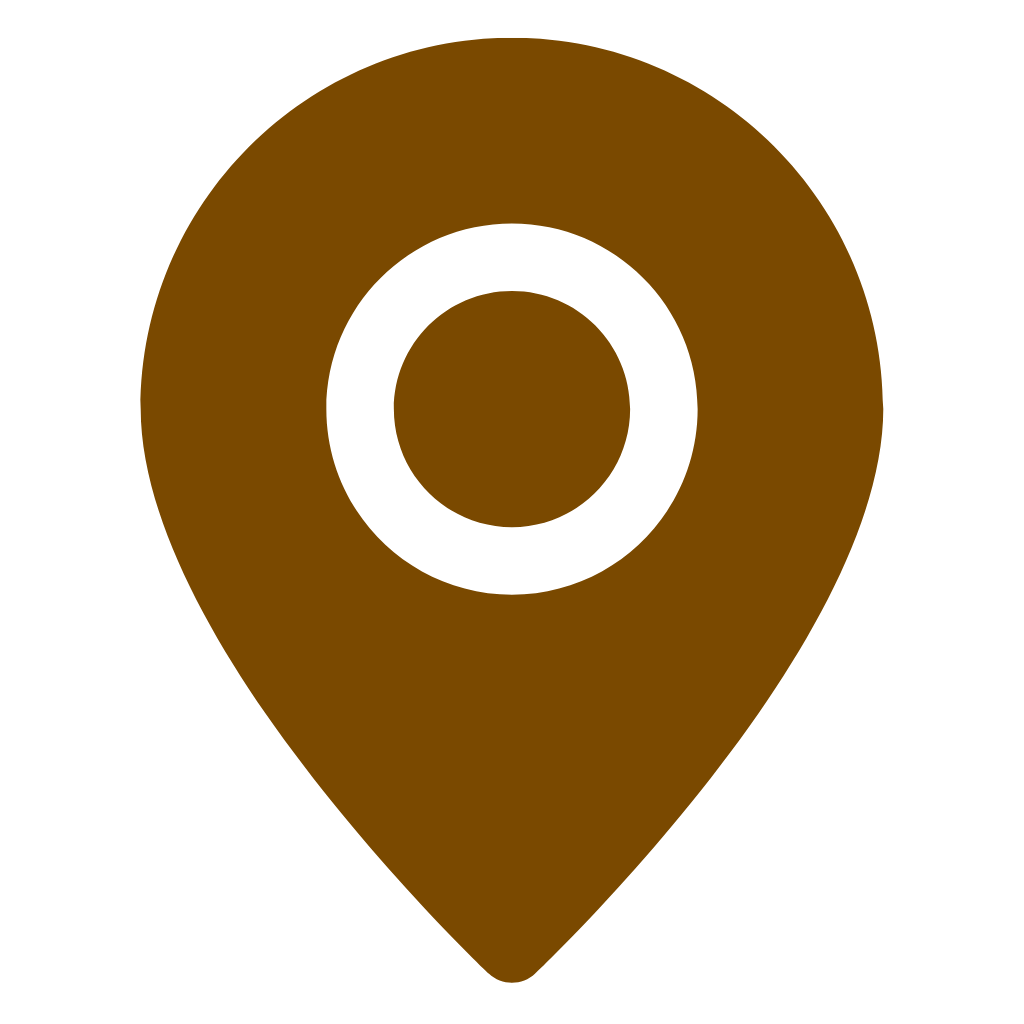 Icon of a location pin in brown with a black circular outline in the center.