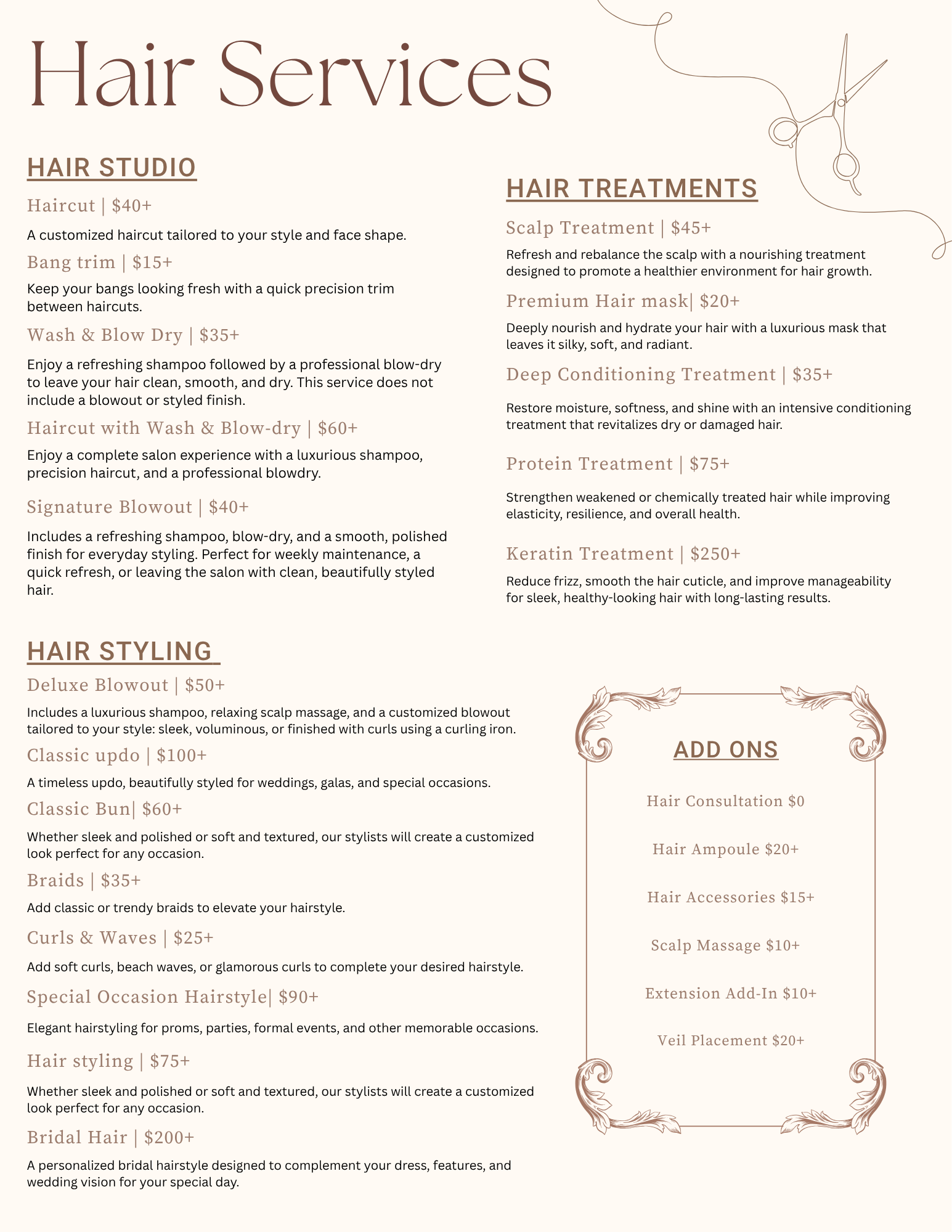A detailed hair salon menu listing various hair services and treatments, including prices, descriptions, and styling options.