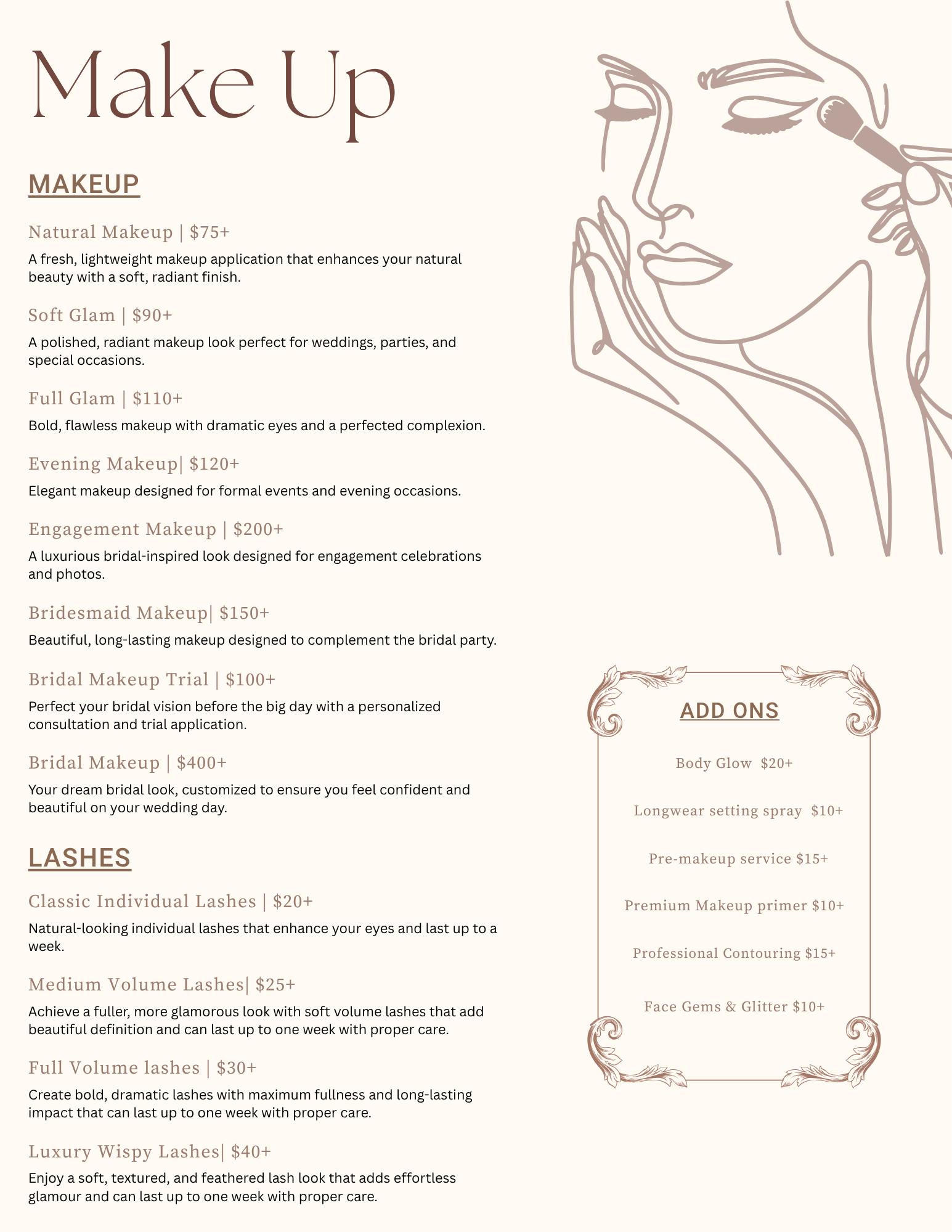 Beauty salon menu featuring makeup and lashes services with illustrated line drawing of woman applying makeup
