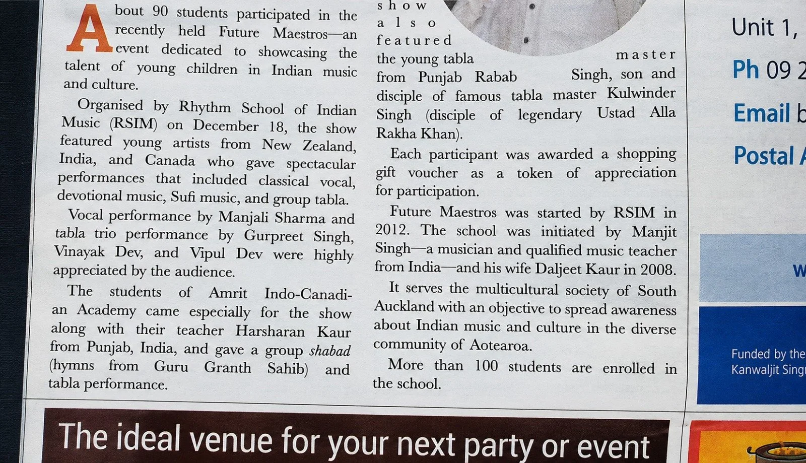 A newspaper article celebrating a music event organized by Rhythm School of Indian Music on December 18, featuring young artists from New Zealand, India, and Canada, with details about performers and history of the school.
