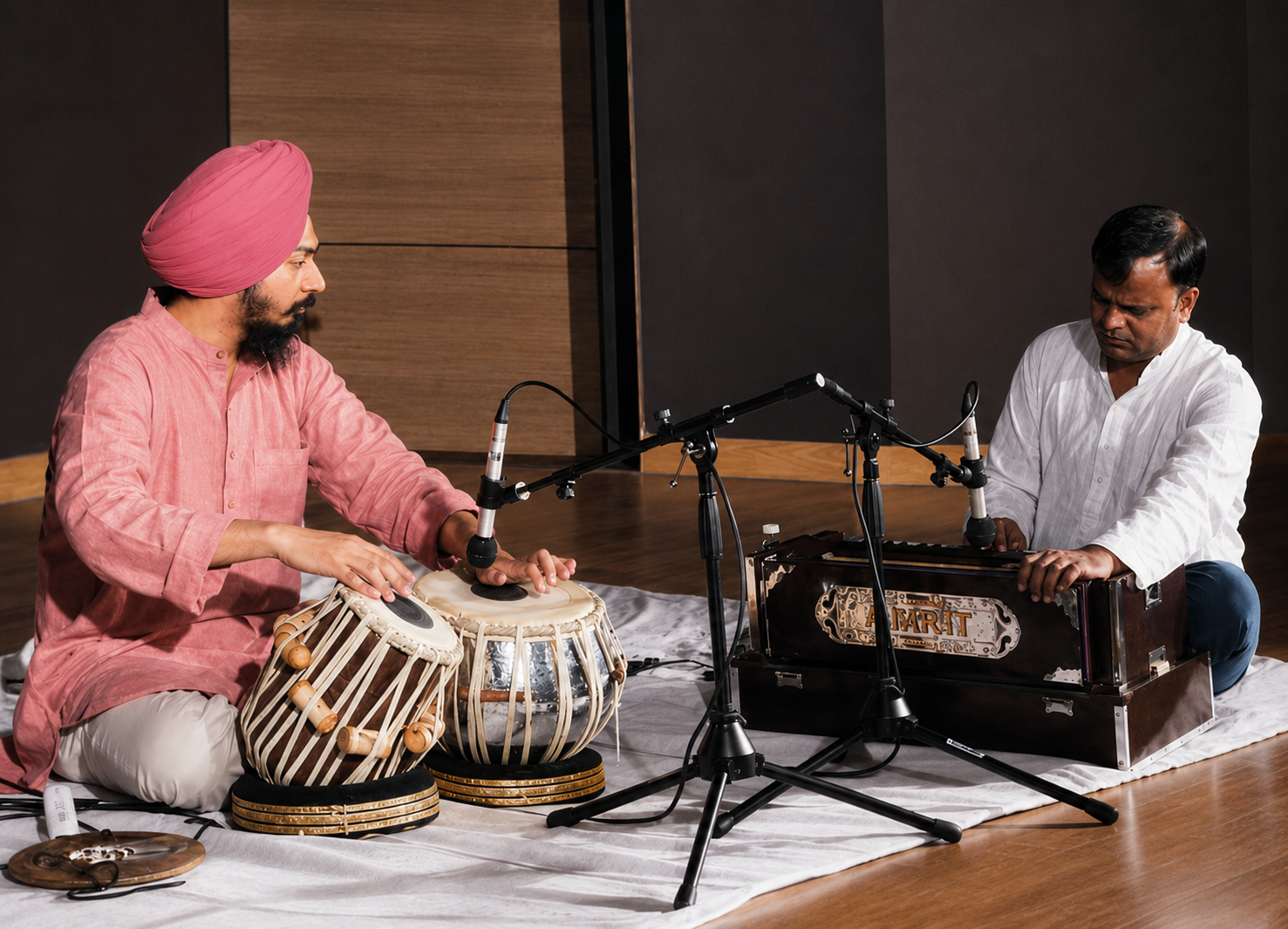 Two men are sitting on a white cloth, playing traditional Indian musical instruments. The man on the left, wearing a pink kurta and a pink turban, is playing tabla drums. The man on the right, wearing a white kurta, is playing a harmonium. Microphones are positioned to capture the music, in a room with wooden and dark-colored walls.