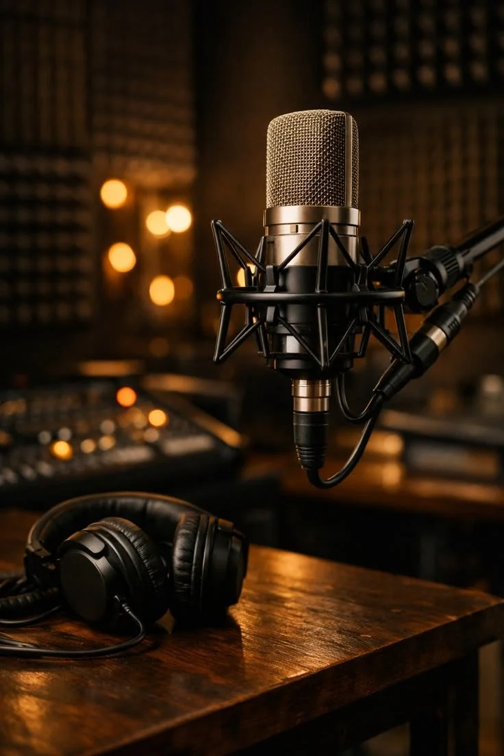 A studio microphone mounted on a stand with headphones resting on a wooden table, in a recording studio with soundproofing panels and warm lighting.
