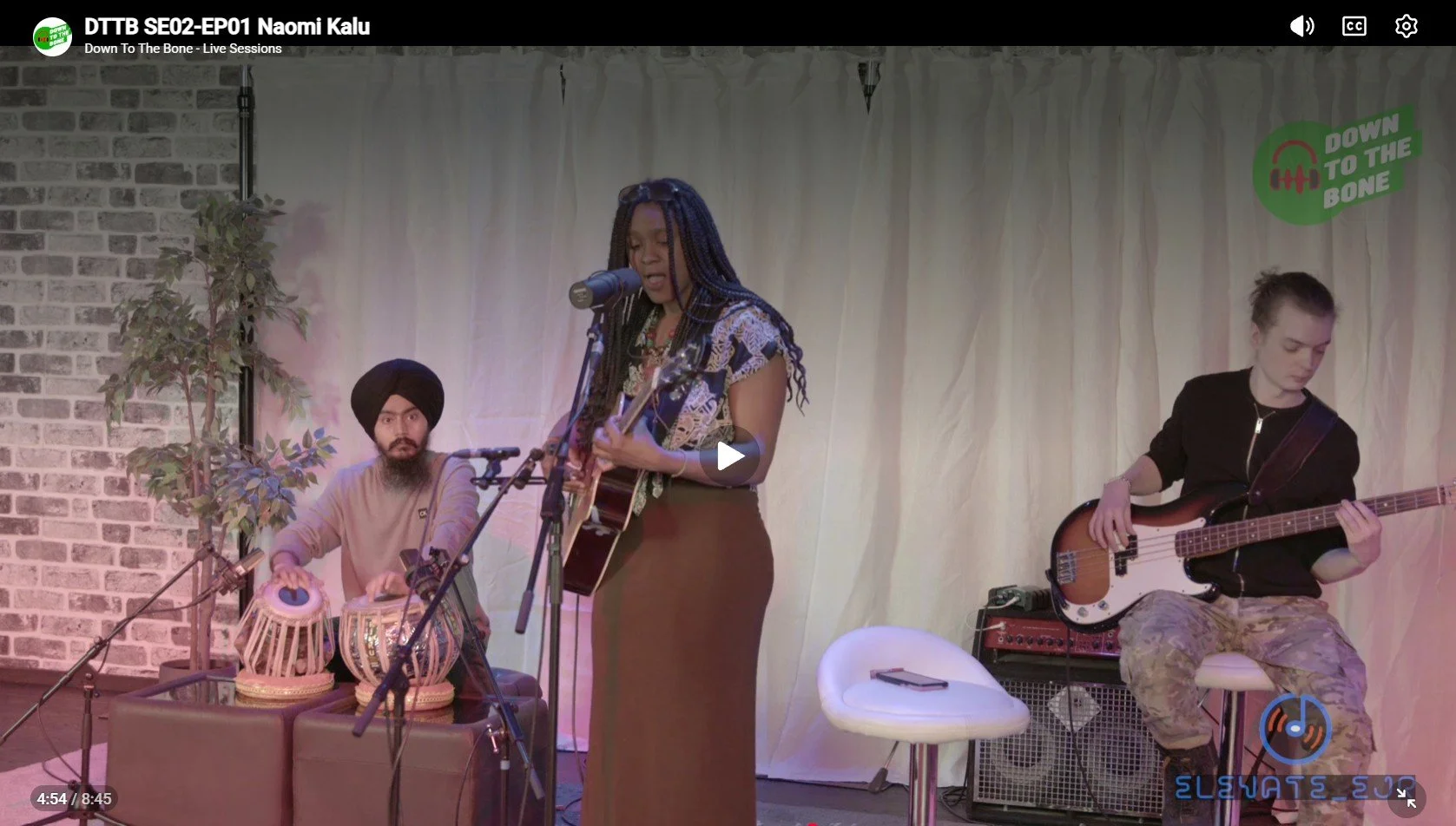 A woman with long braided hair wearing patterned top and brown skirt singing and playing an acoustic guitar with a microphone in front of her, flanked by two men playing musical instruments; one man wearing a turban and beige shirt playing percussion