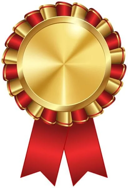 Golden award ribbon with red accents and hanging red ribbons.