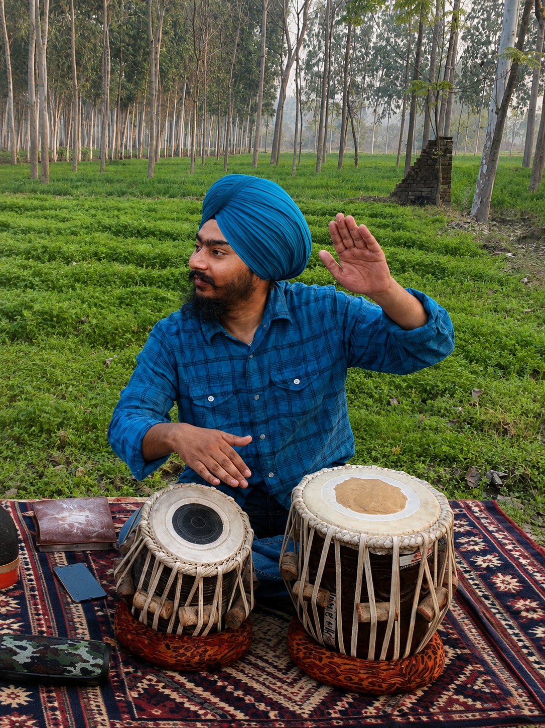 A man in a blue turban and blue shirt playing tabla drums on a patterned carpet outdoors amidst green grass and tall trees.