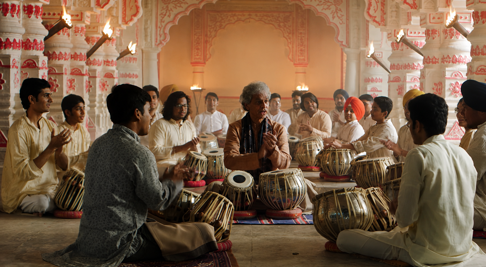 A group of Indian men, sitting cross-legged in traditional attire, participate in a music session with drums in a vibrant, decorated temple with warm lighting.