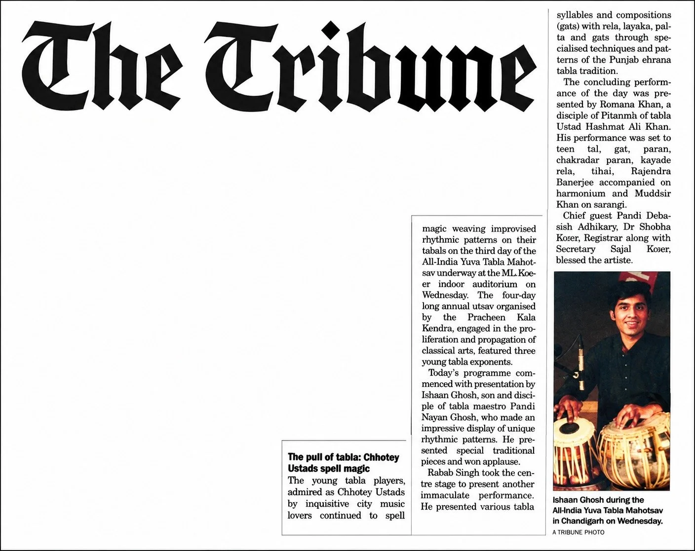 Newspaper clipping with large black Gothic-style title and a photo of a young man playing tabla drums. The article discusses a cultural event featuring traditional Indian music and dance performances.