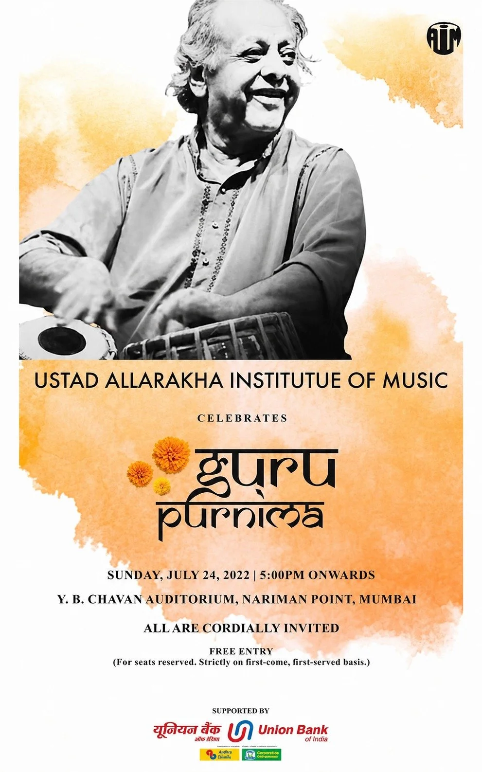 Celebration poster for Guru Purnima at Ustad Allarakhka Institute of Music, featuring a black and white photo of a smiling musician playing a traditional Indian instrument, with an orange watercolor background and event details in English and Hindi.
