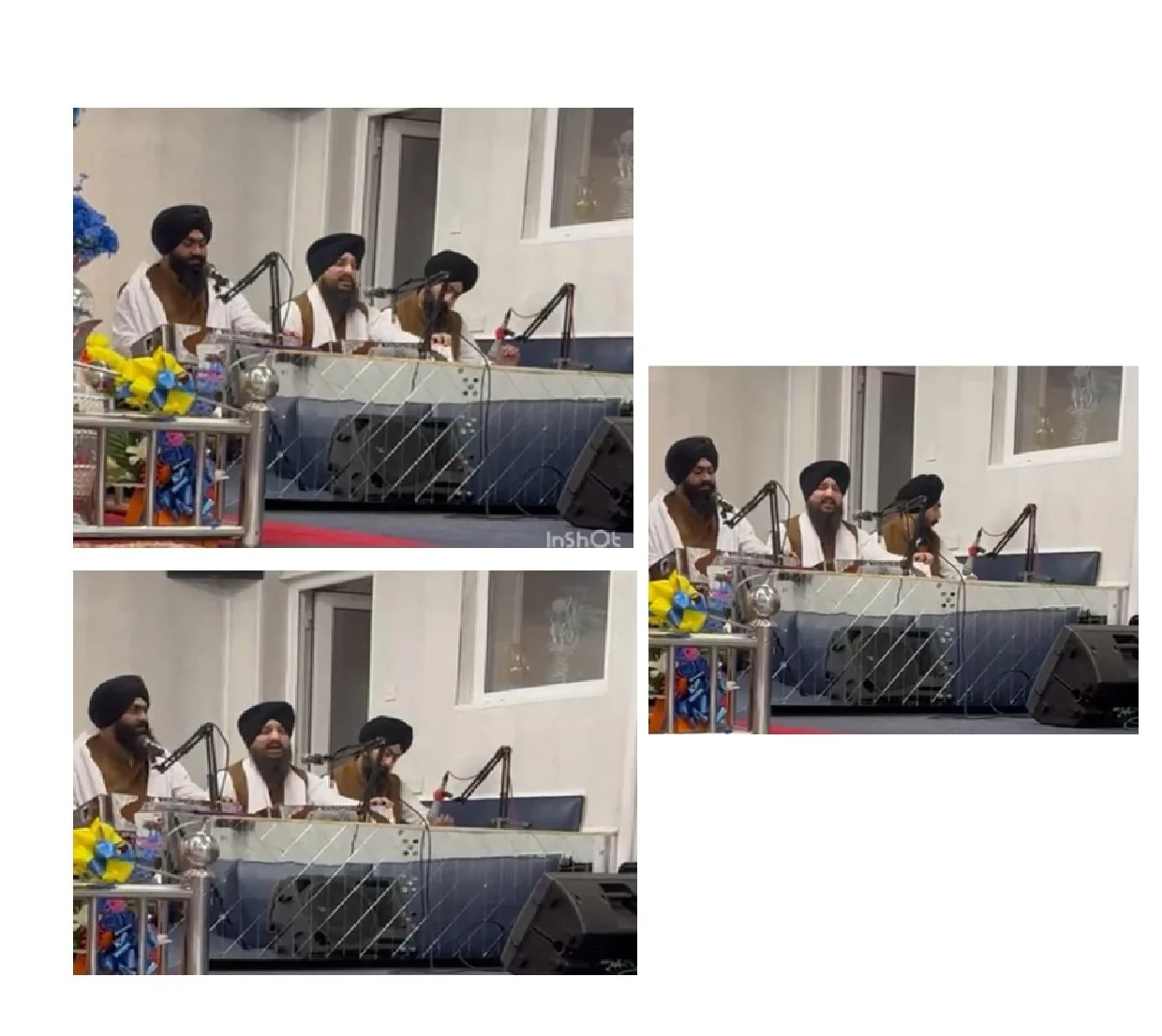 A group of three men in traditional Sikh attire, including turbans, seated behind a table with microphones, microphones, and speakers, in an indoor setting with white walls and large windows.