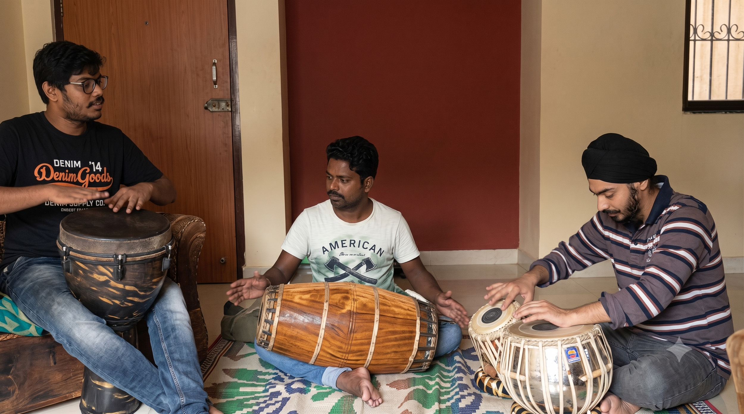 Three men sitting on the floor playing traditional drums, one of them is playing on a conga, another is playing a dholak, and the third on a tabla. The man on the left is wearing a black t-shirt and glasses, the man in the middle has a white t-shirt, and the man on the right is wearing a striped shirt and a turban.