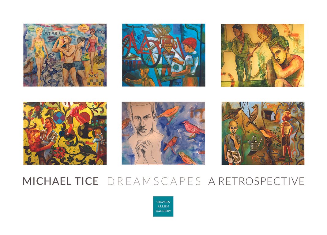 Six colorful paintings by Michael Tice depicting surreal and abstract scenes, featuring people, birds, and imaginative landscapes.