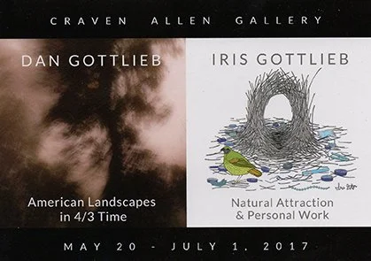 A promotional banner for an art exhibition featuring Dan Gottlieb and Iris Gottlieb at Craven Allen Gallery, showcasing American landscapes and natural attraction artwork from May 20 to July 1, 2017.