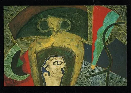 A surreal painting with abstract shapes and a face inside a larger form. The artwork features bold, contrasting colors and a textured style.