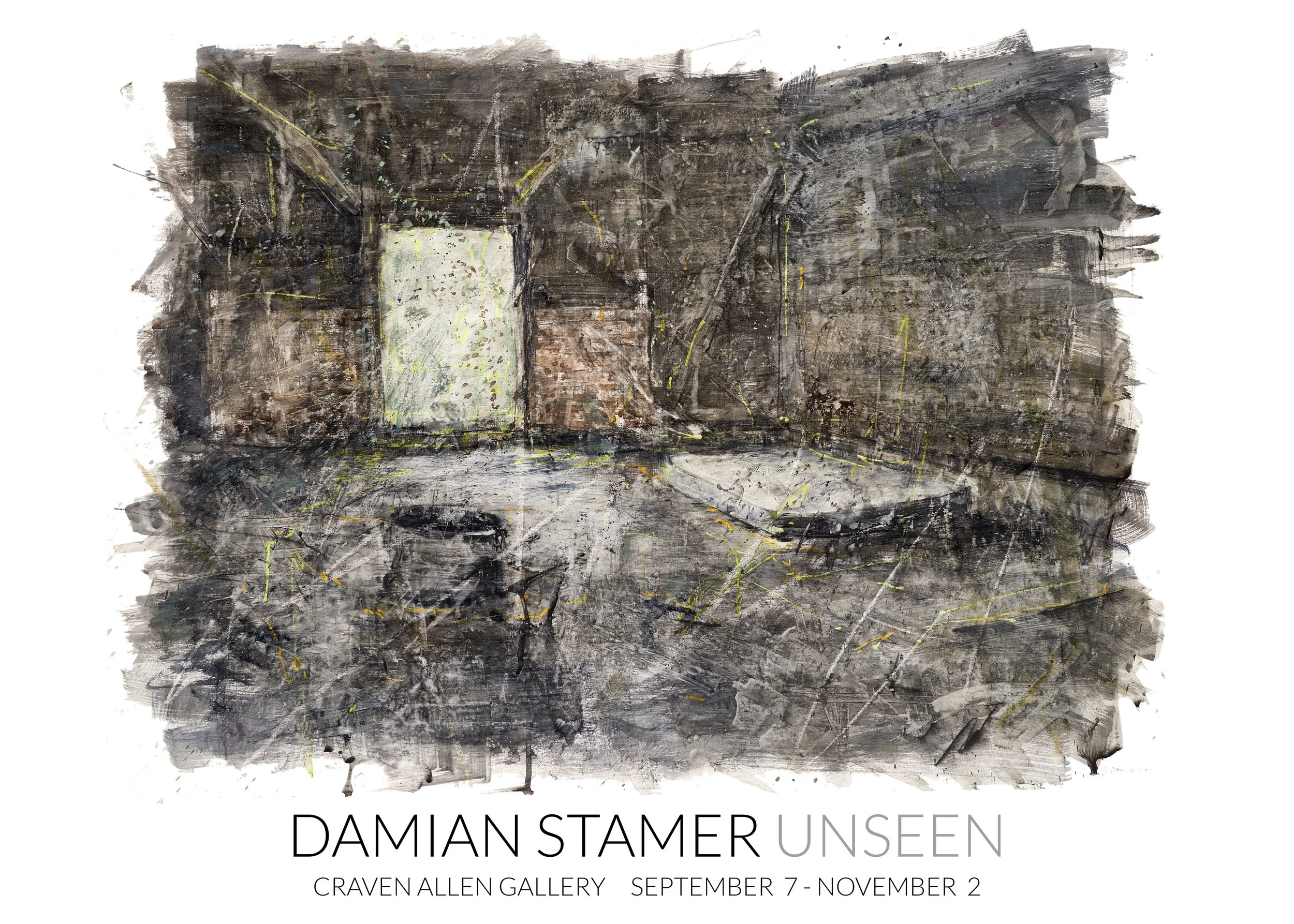 An abstract painting with dark tones and splashes of yellow, black, and gray, promoting an art exhibition by Damien Stamer at Craven Allen Gallery from September 7 to November 2.