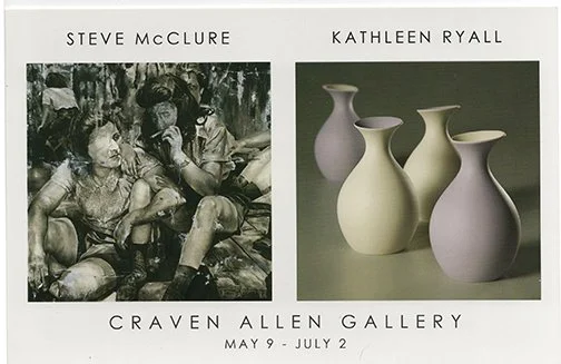 Advertisement for art exhibition featuring works by Steve McClure and Kathleen Ryall at Craven Allen Gallery from May 9 to July 2, showing a black-and-white portrait and a photograph of four ceramic vases.