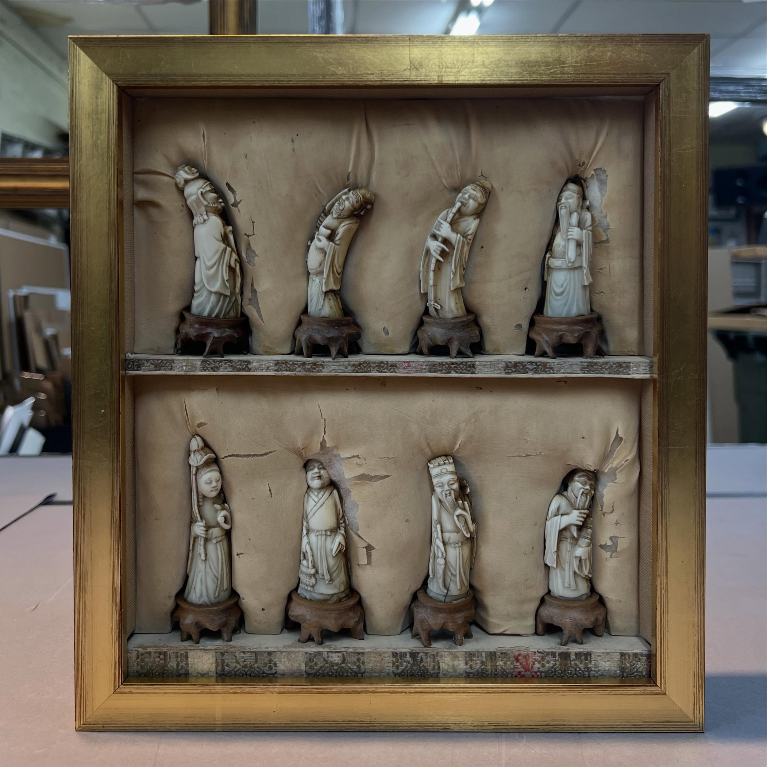 An heirloom set of ivory figures preserved in their original mounting with a new gold leaf frame and museum glass. 

#cravenallengallery
