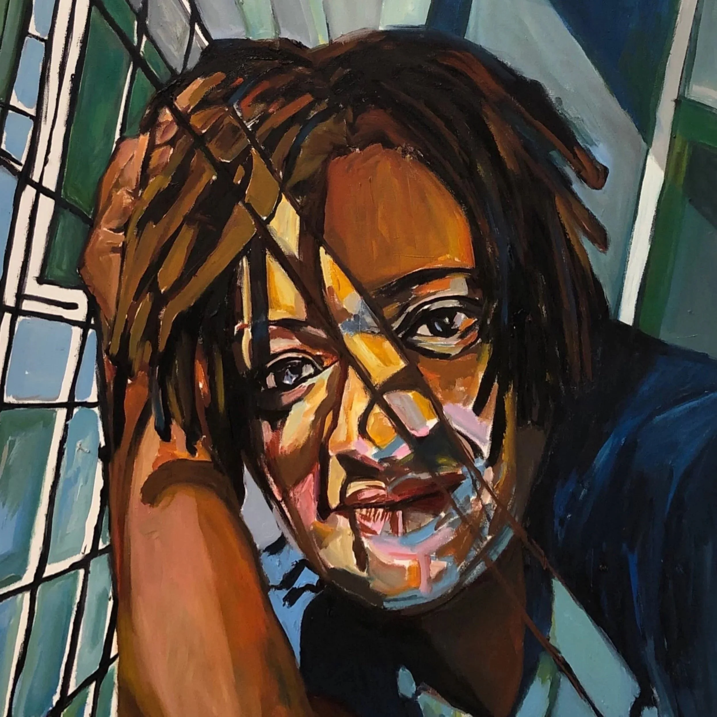 A colorful painting of a woman with long dark hair, sitting inside a room with large windows and green curtains. The painting style is expressive with bold brushstrokes and vivid colors.