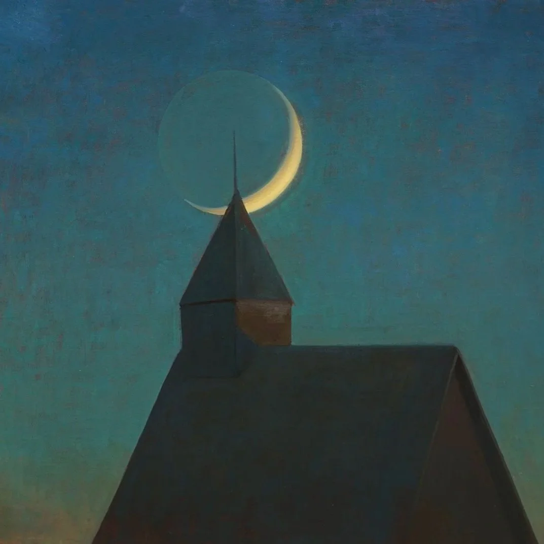 Painting of a church steeple against a moonlit night sky with a crescent moon.
