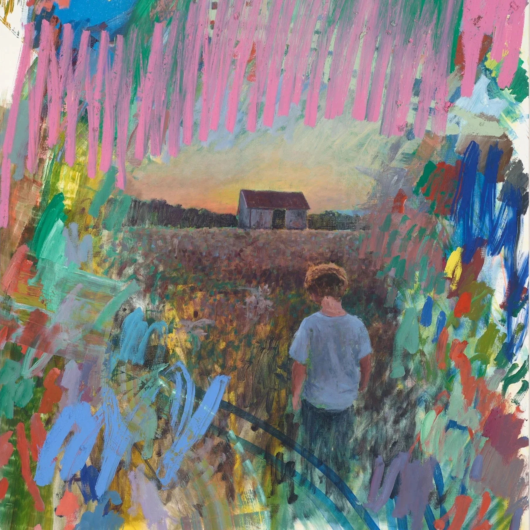 A child standing outdoors, looking at a colorful abstract painting, with pink vertical strokes prominently above a house with a red roof, set against a multicolored background.