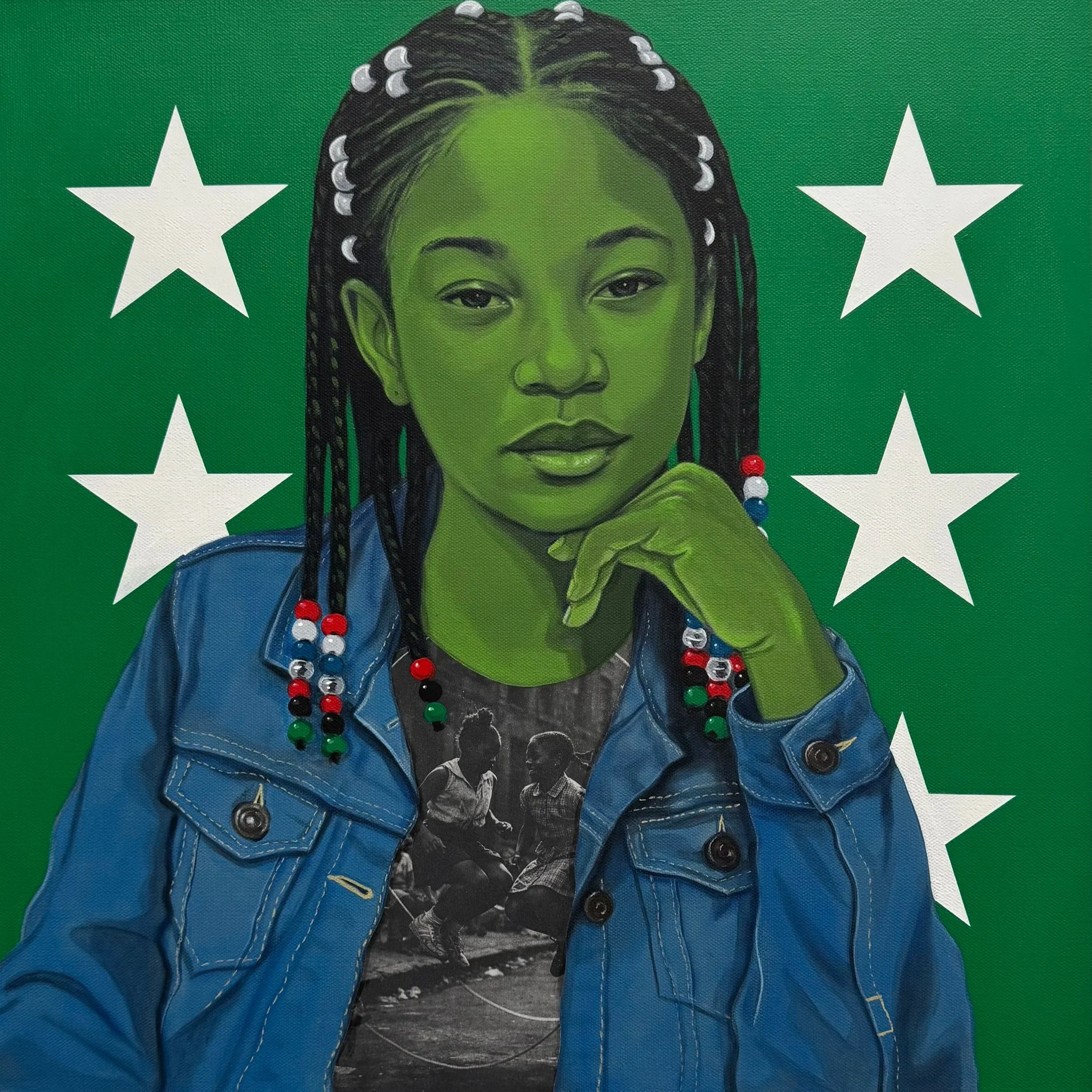 A portrait of a woman with green skin and braided hair decorated with white beads, wearing a blue denim jacket and multicolored beaded necklaces, set against a green background with white stars.