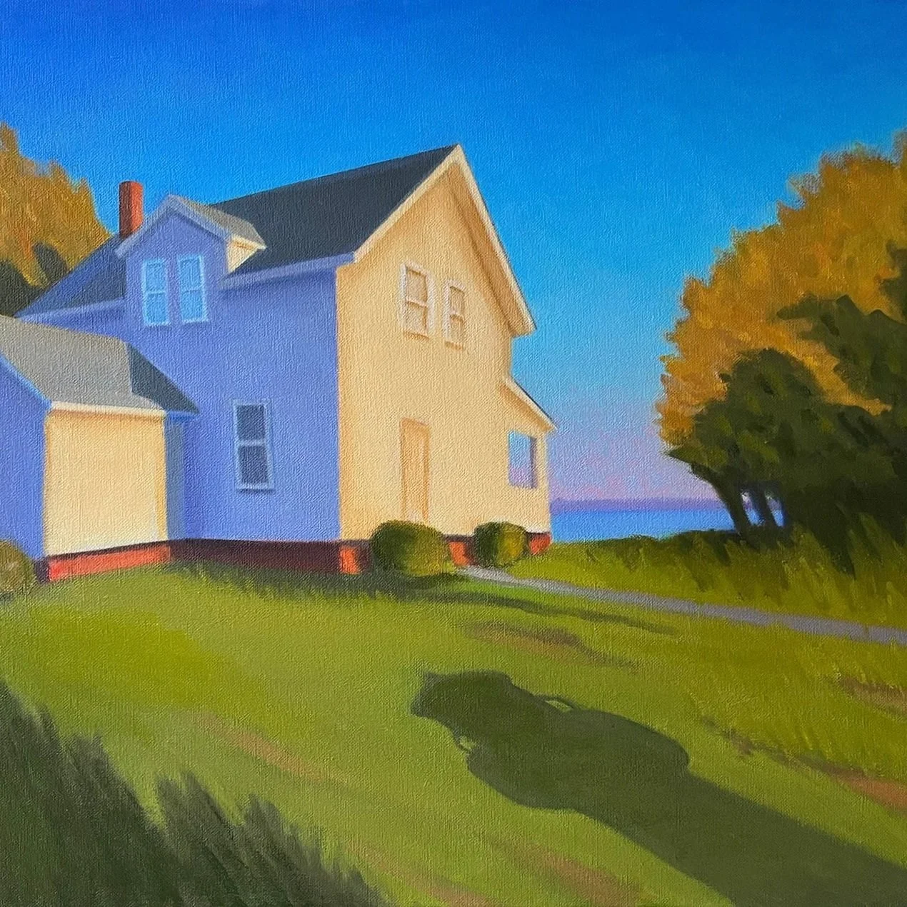 A painting of a beach house with a blue sky, green grass, and trees, near the water.
