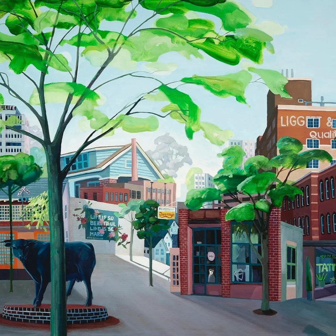 A colorful painting of an urban scene with trees, buildings, and a horse statue in the foreground.