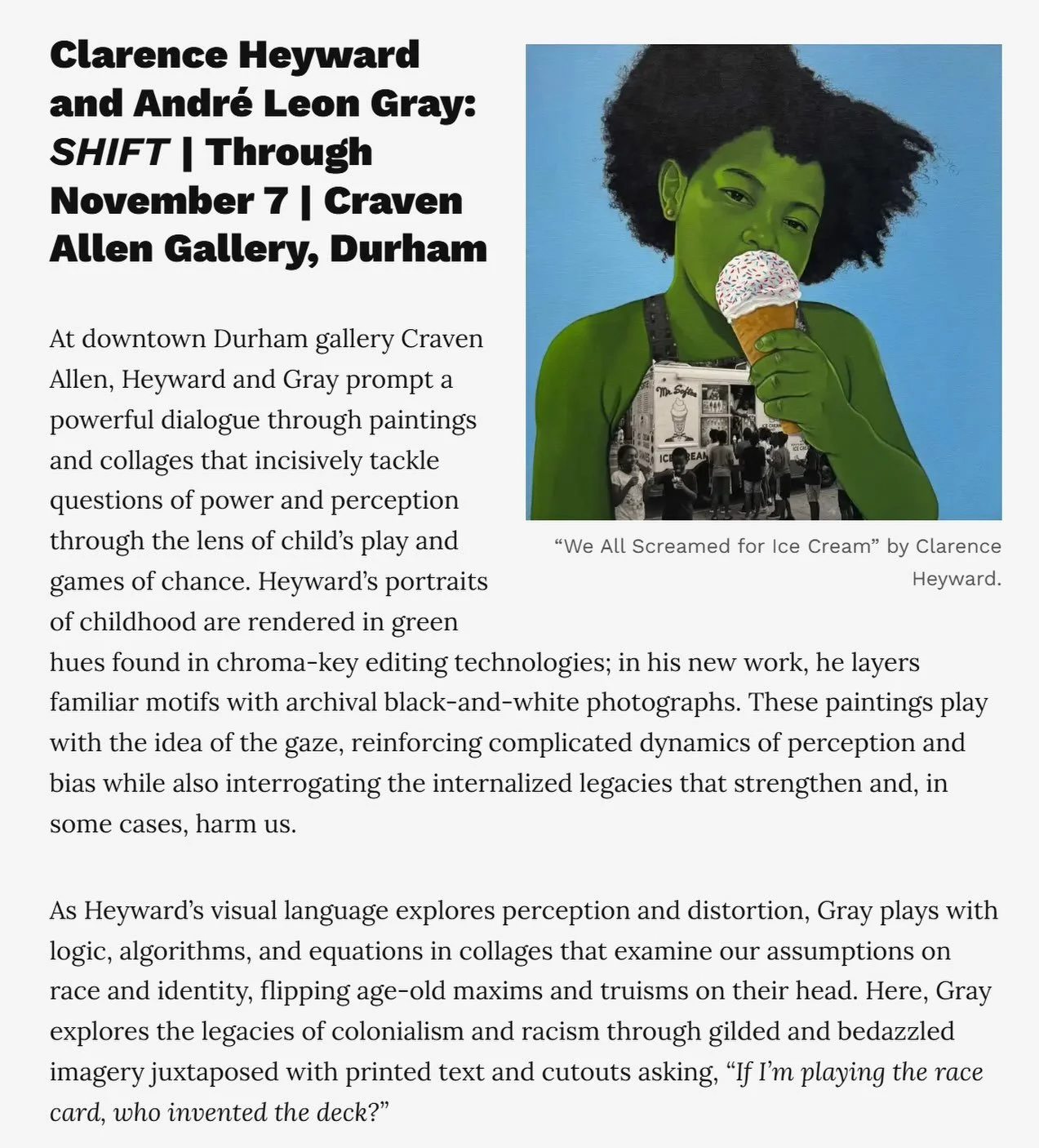 Clarence Heyward and Andr&eacute; Leon Gray&rsquo;s &ldquo;SHIFT&rdquo; is featured in INDY Week! 

&ldquo;Where to Seek Out Art in the Triangle This Fall&rdquo;
by Colony Little

#cravenallengallery