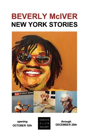 Poster for Beverly McIver's New York Stories exhibition at Craven Allen Gallery, running from October 12th to December 28th, featuring a portrait of Beverly McIver with curly hair and sunglasses, and smaller images of other artworks.