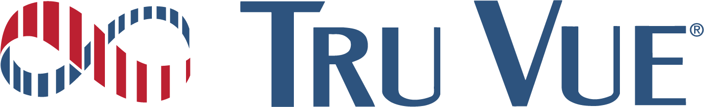 Tru Vue logo with red and blue stylized glasses icon