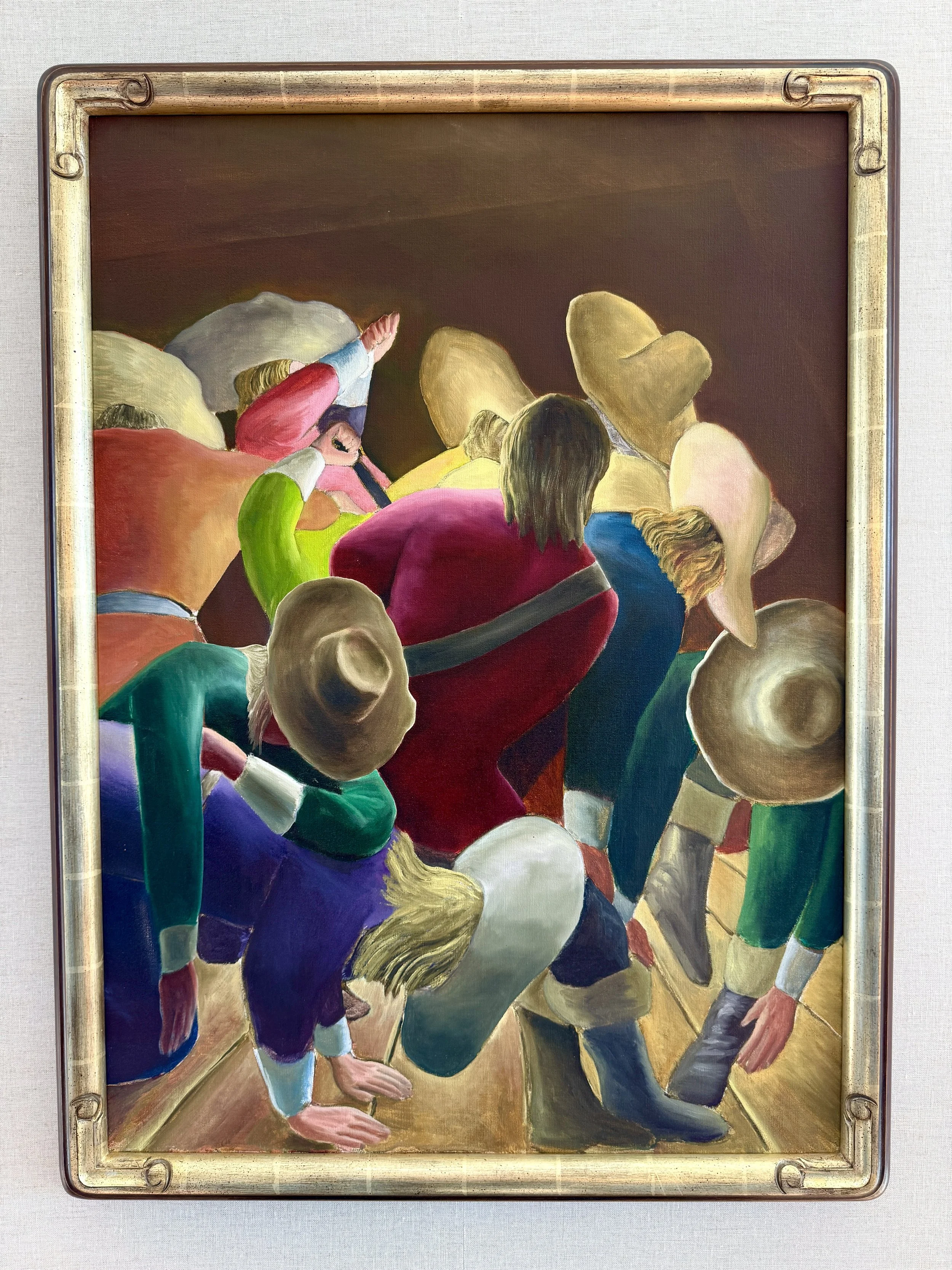 Painting of a group of children, some wearing hats, gathered together and seemingly in a dance or play.