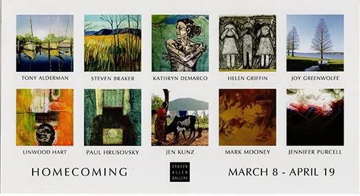 Gallery display with portraits and landscape paintings by ten artists, titled 'Homecoming,' for an exhibition running from March 8 to April 19 at Craven Allen Gallery.