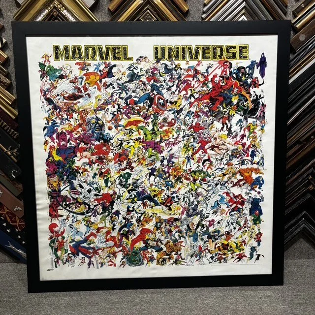 Framed Marvel Universe collage featuring numerous Marvel superheroes and characters in action poses with a Marvel Universe sign at the top.