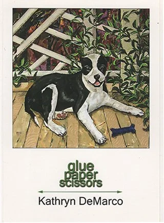 Book cover titled 'glue paper scissors' by Kathryn DeMarco, featuring a black and white dog sitting on a wooden porch with a colorful floral background.