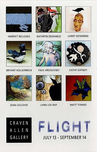Grid of nine art pieces featuring abstract, animal, and human themes, with event details for Craven Allen Gallery's 'Flight' exhibition from July 13 to September 14.