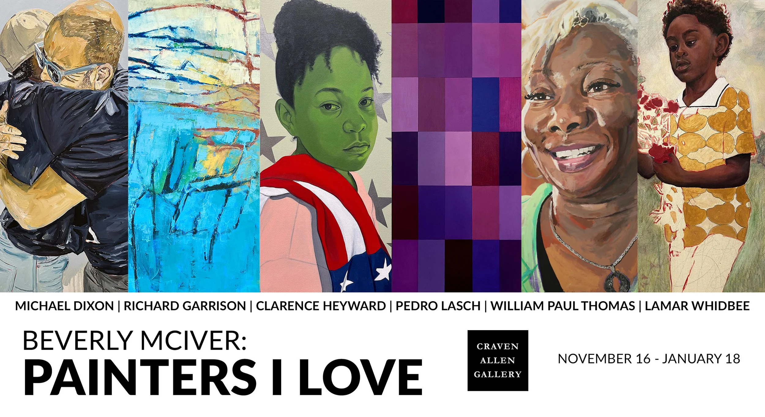 A collage of seven artistic portraits of different individuals, ranging from abstract to realistic styles, with a colorful background and accompanying text about an art exhibition at Craven Allen Gallery titled 'Beverly McIver: Painters Love,' running from November 16 to January 18.