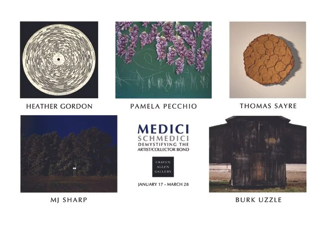 Gallery exhibition poster with five artworks and artist names. Top row: an abstract circular black-and-white piece by Heather Gordon, a purple floral painting by Pamela Pecchio, a textured brown cookie by Thomas Sayre. Bottom row: a dark landscape with trees by MJ Sharp, an old wooden building by Burk Uzzle. Center: blue text about an art show at the Craven Allen Gallery from January 17 to March 28.
