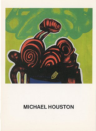 Abstract artwork with swirling patterns and shapes in red and black, green background, and a signature or initials at the bottom; below the artwork is the name 'Michael Houston'.