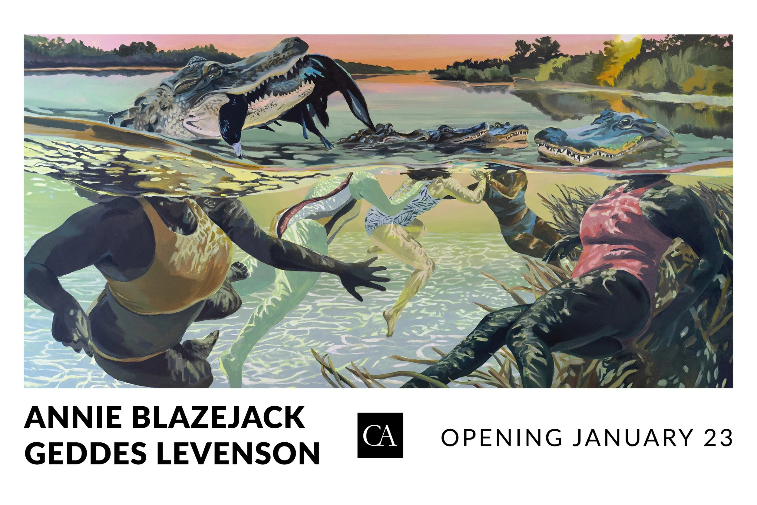 A colorful painting of alligators and crocodiles in a river, with people wading in the water, near a sunset landscape with trees.