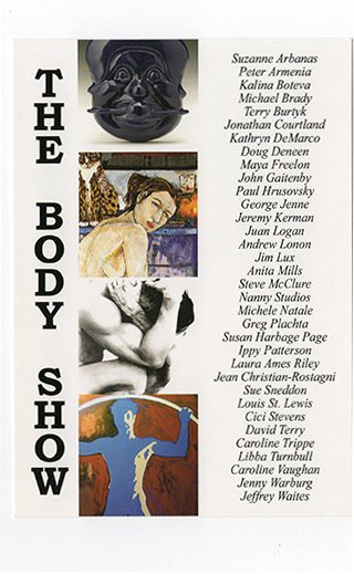 The image features a poster promoting the play "The Body Show." It includes the play's title on the left and a list of cast and crew on the right. The poster displays three images: a black sculpture of a head at the top, a painting of a woman in the 