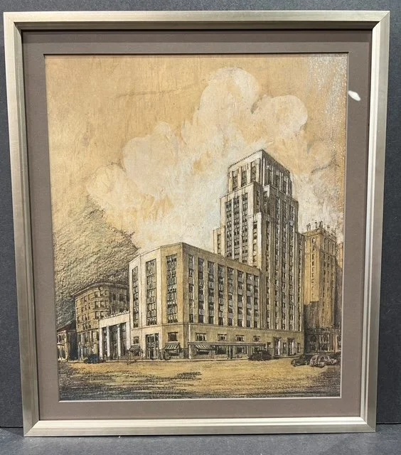 A framed drawing of a city street with tall buildings and a cloudy sky, including vintage cars.