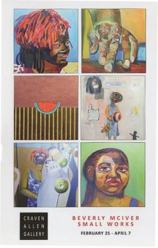 Six colorful artworks arranged in a grid with a museum exhibition poster at the bottom titled 'Beverly McIver Small Works,' from February 25 to April 7, including paintings of people and objects.