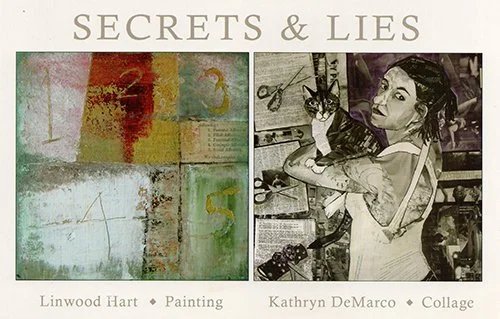 A book page titled 'SECRETS & LIES' with two sections: the left shows an abstract painting with numbers and colors, and the right features a collage of a woman holding a cat.